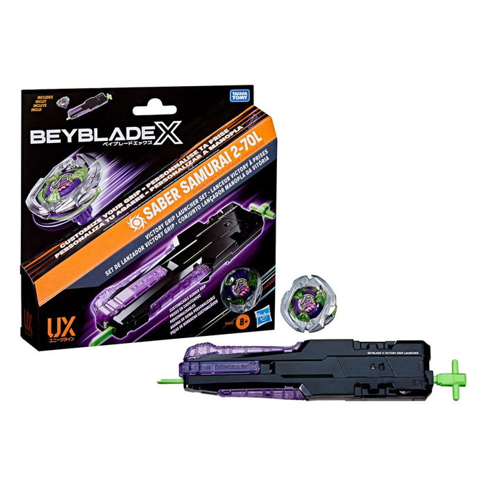 Hasbro Beyblade X Pack de lanceur Victory à prises avec toupie Saber Samurai 2-70L Hasbro Beyblade X Pack de lanceur Victory à prises avec toupie Saber Samurai 2-70L