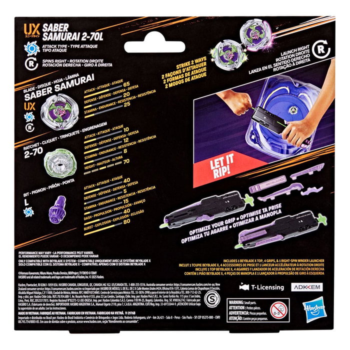 Hasbro Beyblade X Pack de lanceur Victory à prises avec toupie Saber Samurai 2-70L Hasbro Beyblade X Pack de lanceur Victory à prises avec toupie Saber Samurai 2-70L
