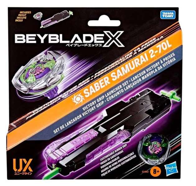 Hasbro Beyblade X Pack de lanceur Victory à prises avec toupie Saber Samurai 2-70L Hasbro Beyblade X Pack de lanceur Victory à prises avec toupie Saber Samurai 2-70L