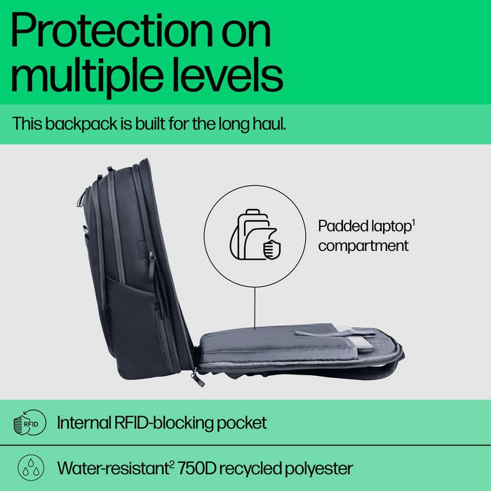 HP Sac à dos pour ordinateur portable Travel Plus, 30L-35L, 17 pouces, organisation multiple, polyester recyclé résistant à l'eau