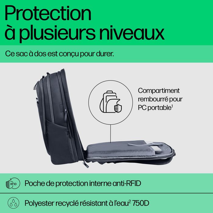 HP Sac à dos pour ordinateur portable Travel Plus, 30L-35L, 17 pouces, organisation multiple, polyester recyclé résistant à l'eau