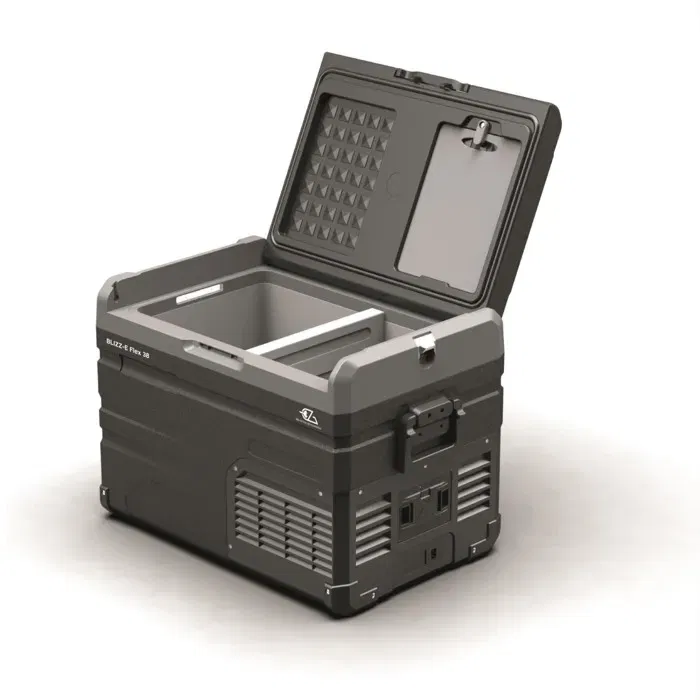 EZA - Blizz-E Flex 38 - Glacière électrique portable 12V/24V avec Bluetooth, 2 zones, -20°C à +20°C, 38 L, Noir/Gris