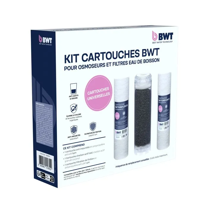 BWT Pack Triplex - 3 cartouches de filtration (préfiltration, charbon actif, filtration fine) pour osmoseur - Prétraitement d'osmoseur