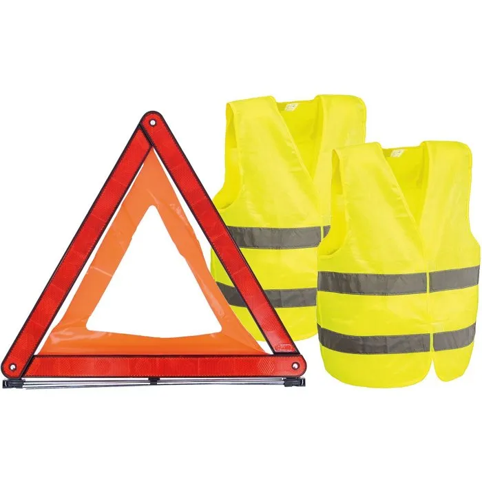 Carlinea - Kit de sécurité voiture : 1 triangle de présignalisation pliable E20 + 2 gilets haute visibilité adulte XL conformes EN20471 Carlinea - Kit de sécurité voiture : 1 triangle de présignalisation pliable E20 + 2 gilets haute visibilité adulte XL conformes EN20471