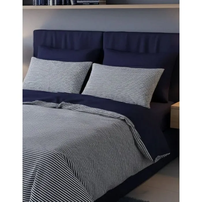 Parure de lit King Size Rayures Bleu foncé, 1 housse de couette et 2 taies d'oreiller