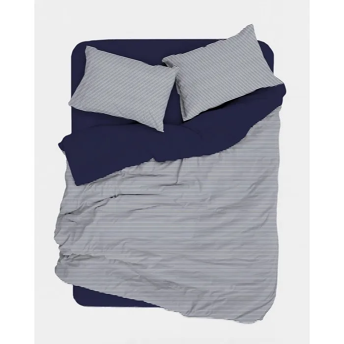 Parure de lit King Size Rayures Bleu foncé, 1 housse de couette et 2 taies d'oreiller