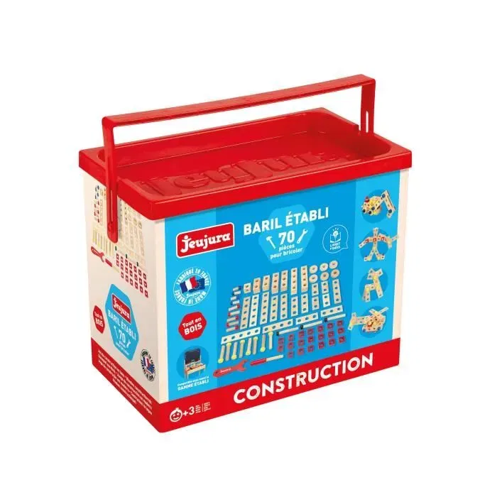 Jeujura Kit de bricolage en bois Baril Etabli avec 70 pièces, tournevis et clé - Jouet éducatif pour enfants à partir de 3 ans