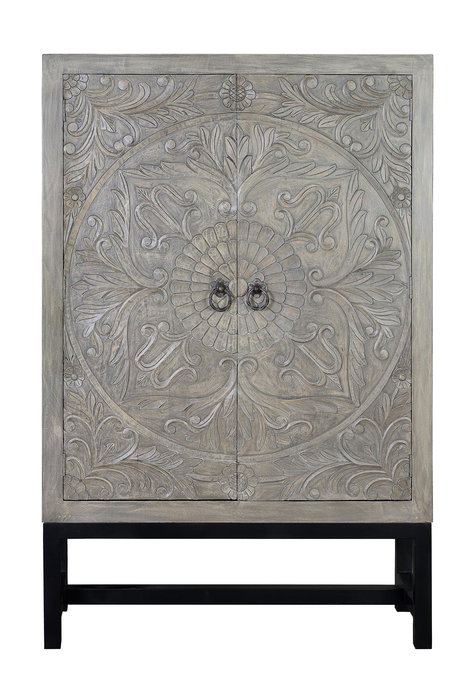 GINER Y COLOMER Armoire 2 portes en bois de manguier et métal patiné gris antiquité, avec soleil fleuri et étagères, 180 x 116 x 42 cm