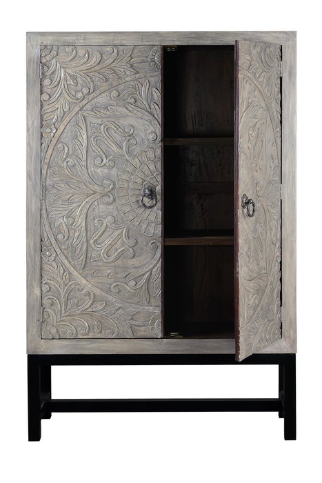 GINER Y COLOMER Armoire 2 portes en bois de manguier et métal patiné gris antiquité, avec soleil fleuri et étagères, 180 x 116 x 42 cm
