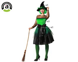 Déguisement Adulte Sorcière Vert avec Robe, Jupon Tulle Noir, Ceinture Satin et Chapeau Pointu pour Halloween et Fêtes - Taille XXL