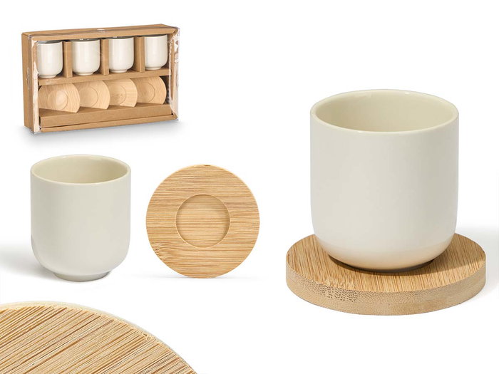 Kinvara Set de 4 Tasses à Café en Céramique Blanche avec Sous-verres en Bambou 28,5x17,8x6,5 cm (Set de 12) Kinvara Set de 4 Tasses à Café en Céramique Blanche avec Sous-verres en Bambou 28,5x17,8x6,5 cm (Set de 12)