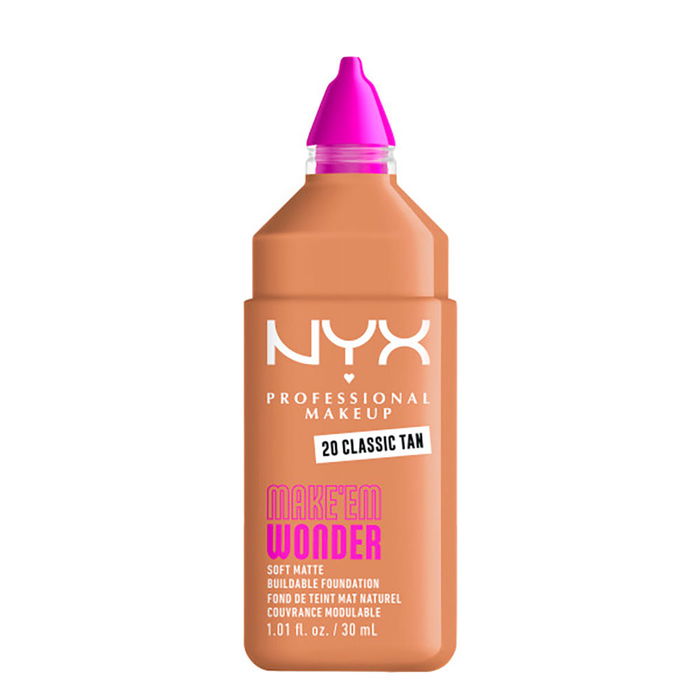 Nyx Professional Make Up MAKE'EM WONDER n°20 Fond de teint Soft Matte, Beige Classique 30 ml, Couvrance longue durée 24h avec vitamine C et acide hyaluronique