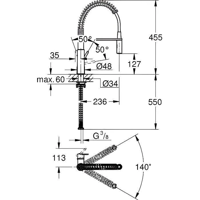 GROHE Mitigeur Évier de Cuisine Monocommande avec Douchette Extractible Professionnelle et 2 Jets - Réf. 30361000