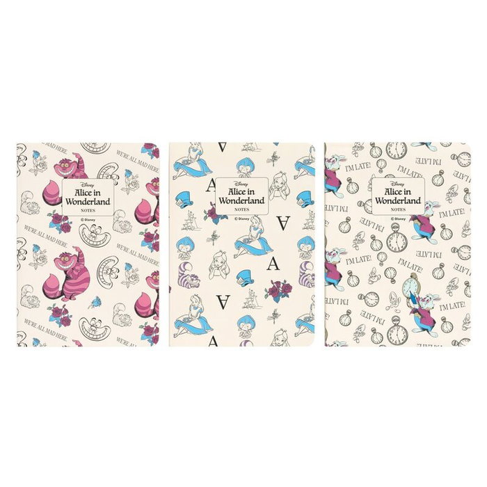 ERIK - Set de 3 carnets de notes A6 Disney Alice au Pays des Merveilles avec pages unies, lignées et pointillées