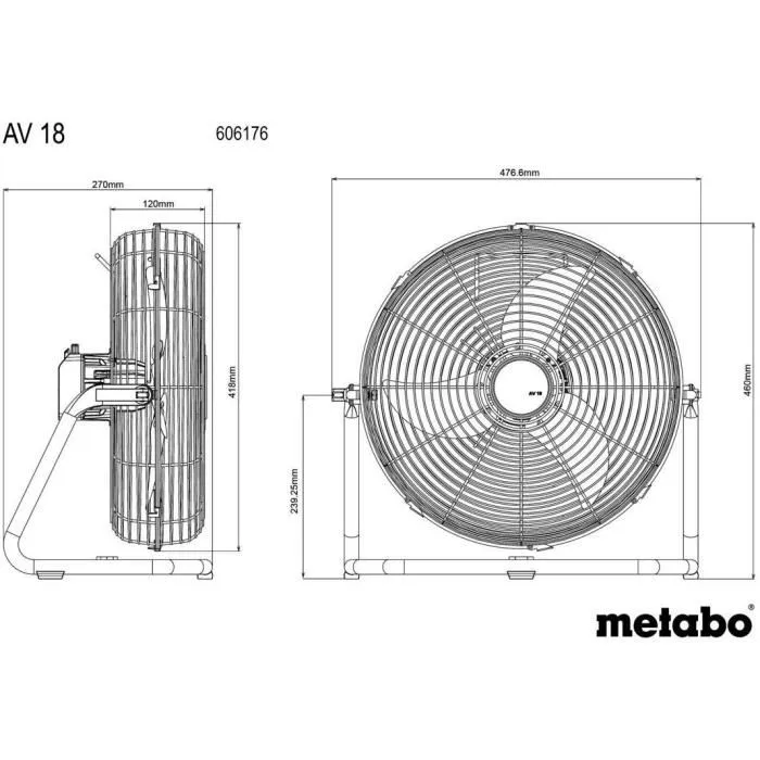 Metabo Ventilateur sans fil AV 18 18V, avec télécommande, 3 vitesses, autonomie 7h, cage métallique