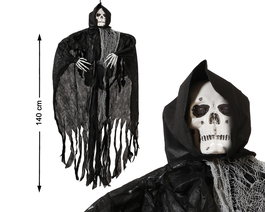 Tombstone - Décor Halloween Squelette Suspendu avec Capuche Noire 140 cm - Effrayant et Léger pour Intérieur et Extérieur
