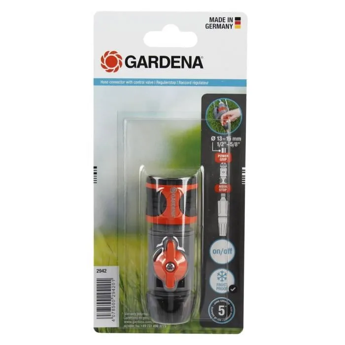 Gardena Raccord régulateur 2942-20 pour tuyaux 13mm et 15mm - Réglage débit pression - Résistant au gel - Garantie 5 ans