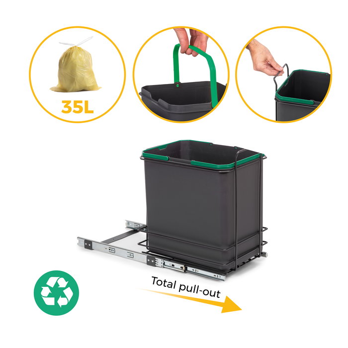 Emuca poubelle de recyclage pour montage inférieur et extraction manuelle pour meuble de cuisine Recycle 1x35 litres, Plastique gris anthracite