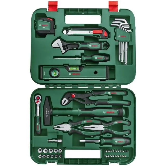 Bosch Advanced - Set d'outillage à main 52 pièces, coffret de rangement, pinces, cliquet et tournevis pour bricolage