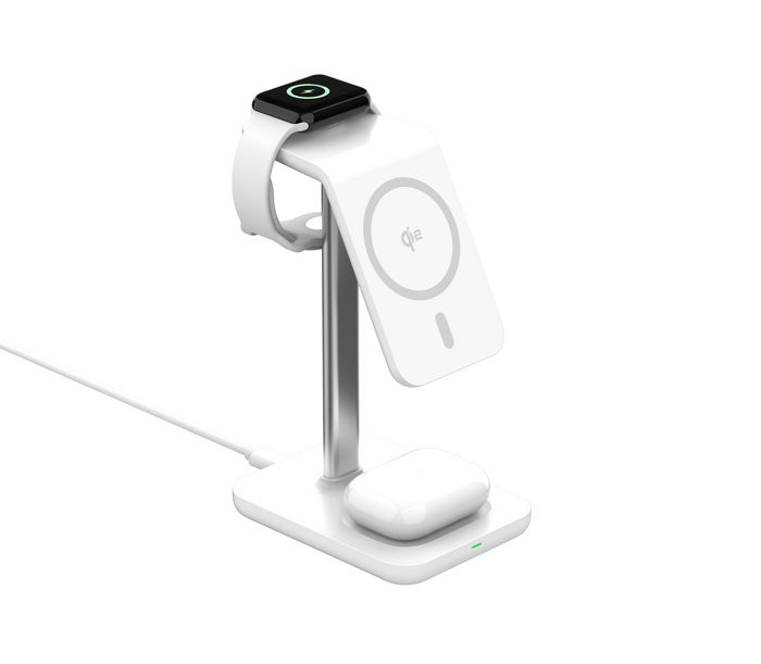 eSTUFF Chargeur sans fil magnétique 3-en-1 QI2 Compatible MagSafe pour iPhone 12-16, Apple Watch, AirPods avec câble USB-C - 15W Max