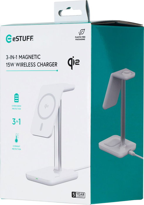 eSTUFF Chargeur sans fil magnétique 3-en-1 QI2 Compatible MagSafe pour iPhone 12-16, Apple Watch, AirPods avec câble USB-C - 15W Max
