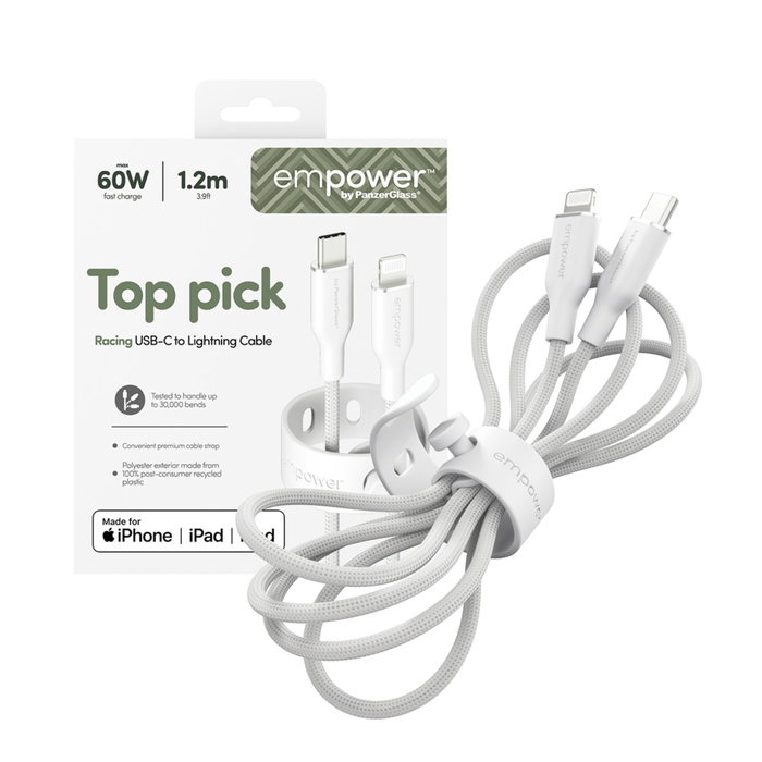 PanzerGlass empower Racing Câble USB-C vers Lightning 60W, 1,2 m, Blanc / Argent
