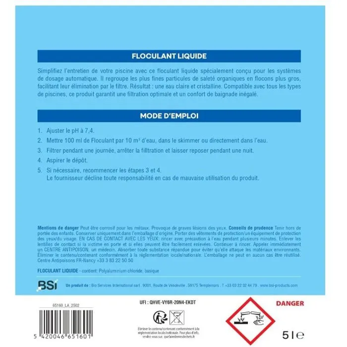 BSI - Floculant liquide 5 L pour piscine - Dosage automatique - Agglomère impuretés - Grande piscine BSI - Floculant liquide 5 L pour piscine - Dosage automatique - Agglomère impuretés - Grande piscine