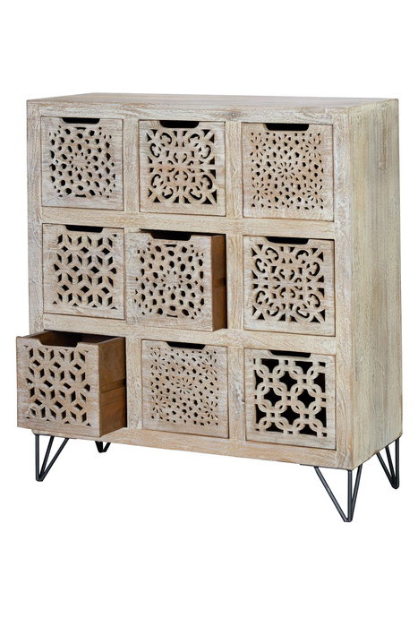 GINER Y COLOMER Commode 9 tiroirs en bois de manguier blanc vieilli avec pieds en fer, 21x20x30 cm (intérieur tiroirs) - Décoration