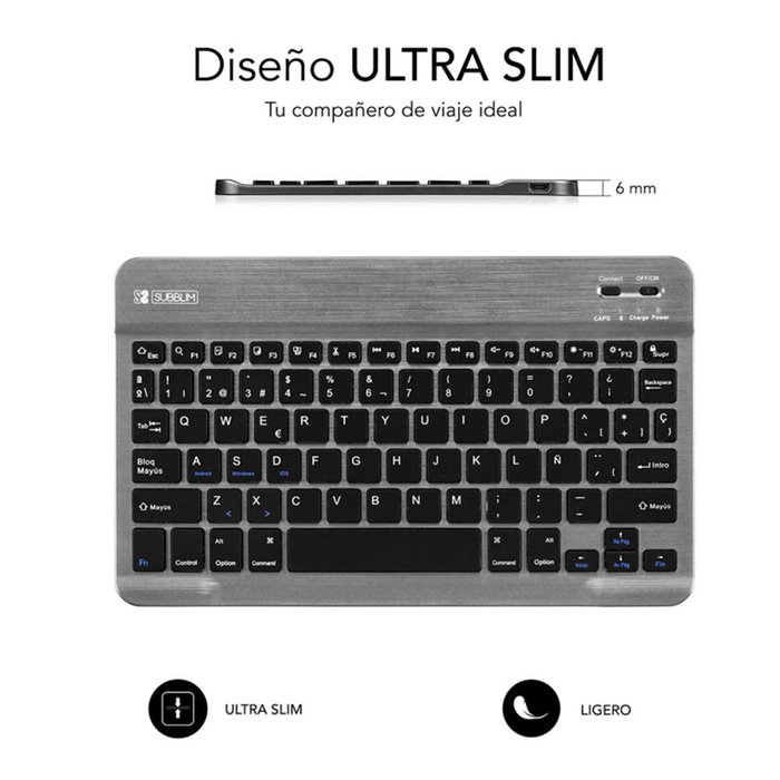 Subblim KBT-SM0002 Clavier sans fil Bluetooth 3.0 QWERTY Espagnol Ultra-fin 6mm Rechargeable pour Tablette Smartphone PC Subblim KBT-SM0002 Clavier sans fil Bluetooth 3.0 QWERTY Espagnol Ultra-fin 6mm Rechargeable pour Tablette Smartphone PC