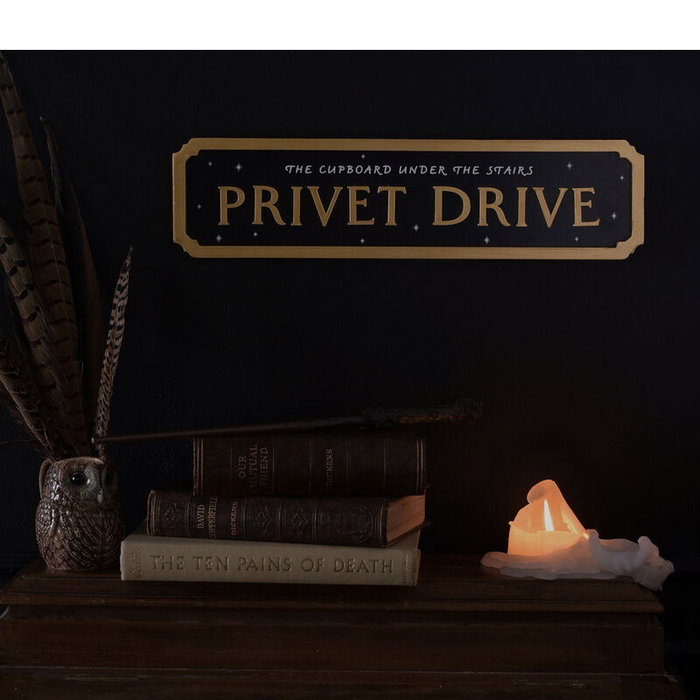WIDDOP & CO - Cartel Privet Drive - Signe Métallique Brillant dans le Noir - Harry Potter - Déco Murale avec Bordure en Bois Doré et Crochet