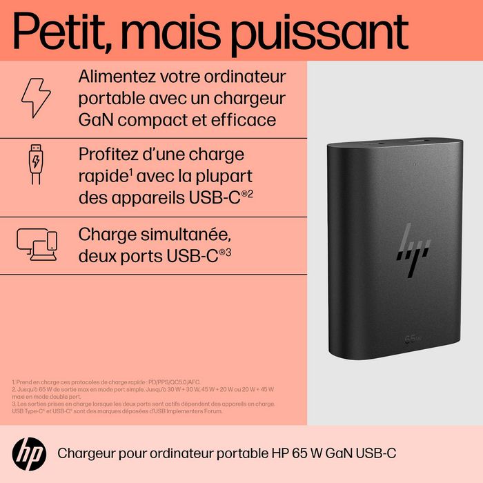 HP Chargeur 65 W GaN USB-C Double Port Compatible Ordinateur Portable et Appareils Mobiles