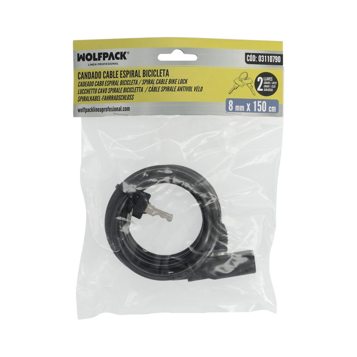 WOLFPACK LINEA PROFESIONAL Câble de vélo en spirale avec clé 8 mm x 150 cm