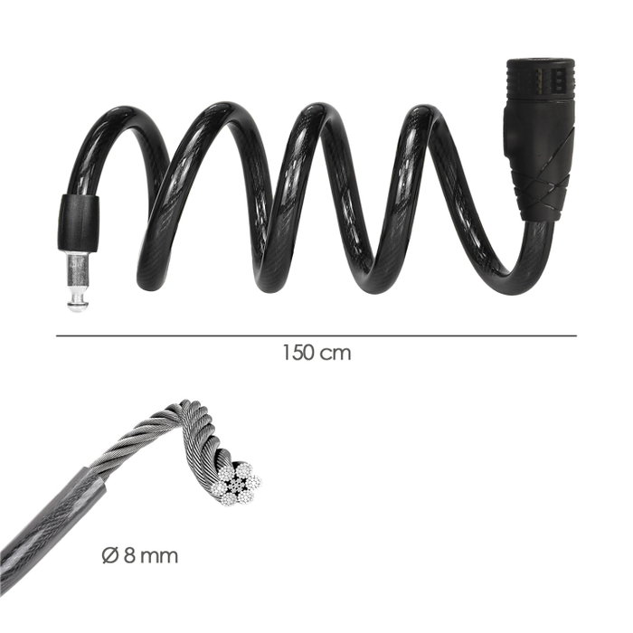 WOLFPACK LINEA PROFESIONAL Câble de vélo en spirale avec clé 8 mm x 150 cm