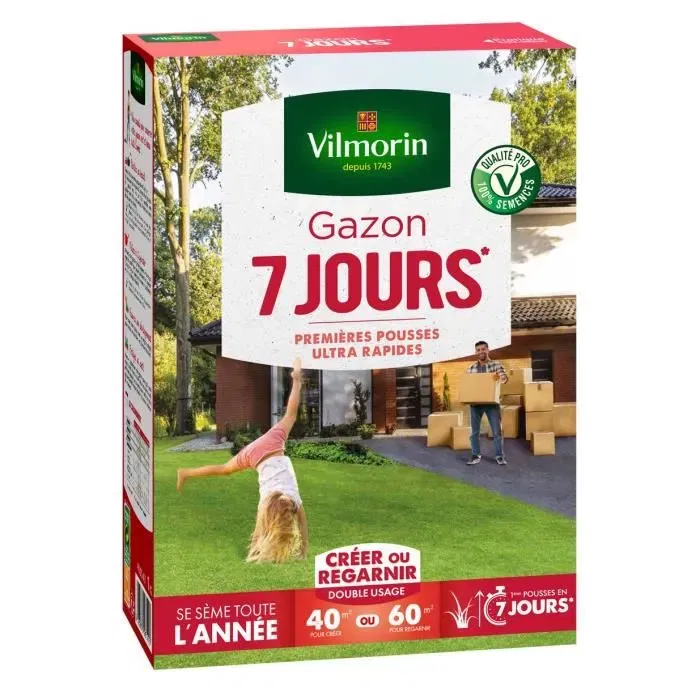 Vilmorin Semences de Gazon 7 jours - 1 kg pour 40 m² de surface ou regarnir 60 m² - Premières pousses ultra-rapides Vilmorin Semences de Gazon 7 jours - 1 kg pour 40 m² de surface ou regarnir 60 m² - Premières pousses ultra-rapides