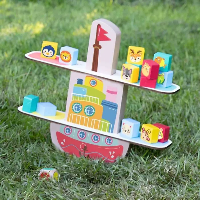 SES CREATIVE Bateau d'équilibre en bois - Jeu de société d'adresse avec 16 pions animaux et dé pour enfants dès 3 ans