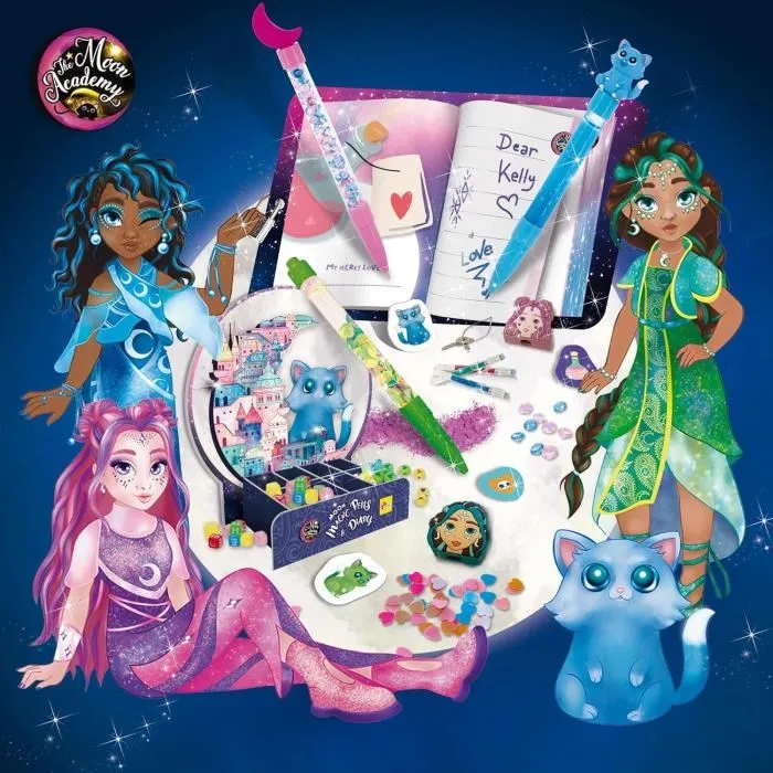 Lisciani Giochi - THE MOON ACADEMY - Kit Créatif Stylos et Agenda Magique, 8 Stylos Décoratifs, Journal, Autocollants, Stylo à Bulles - À Partir de 7 Ans