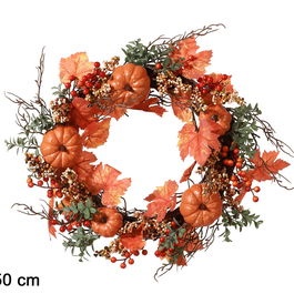 Coronne Automnale Décorative de 50 cm avec Citrouilles et Feuillage pour Halloween et Saison d'Automne - Accesoire Festif