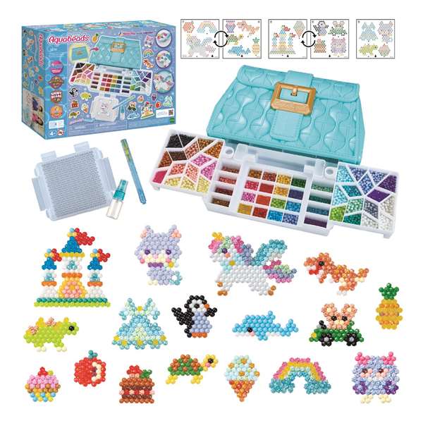 Epoch - Coffret créateur de bijoux avec 1400 perles - Mallette de rangement, pinceau double pointe, spray et gabarits de motifs (Licorne, dinosaure) - Langues: Espagnol, Portugais