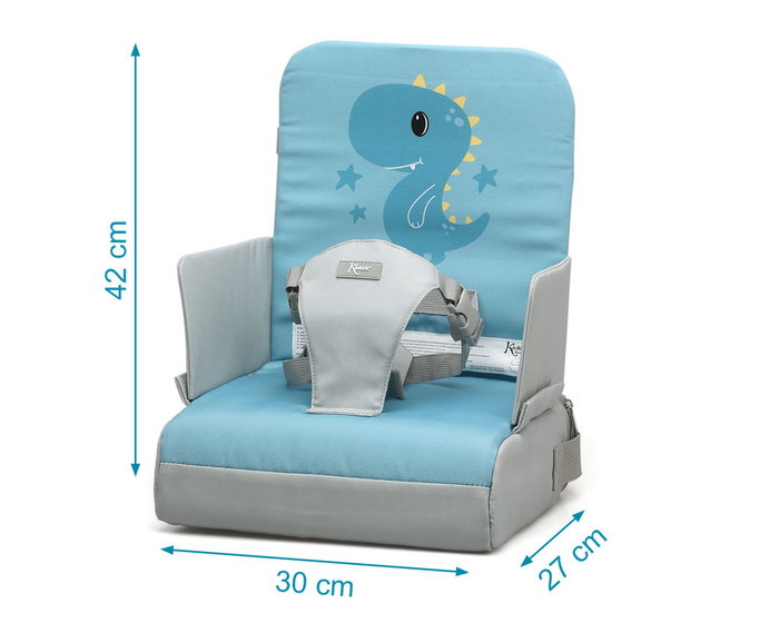 KioKids Chaise haute pliante de voyage pour bébé - Dinosaurio Azul (Dolci amici) - Siège surélevateur portable 6 à 36 mois, max 15 kg, avec sangle