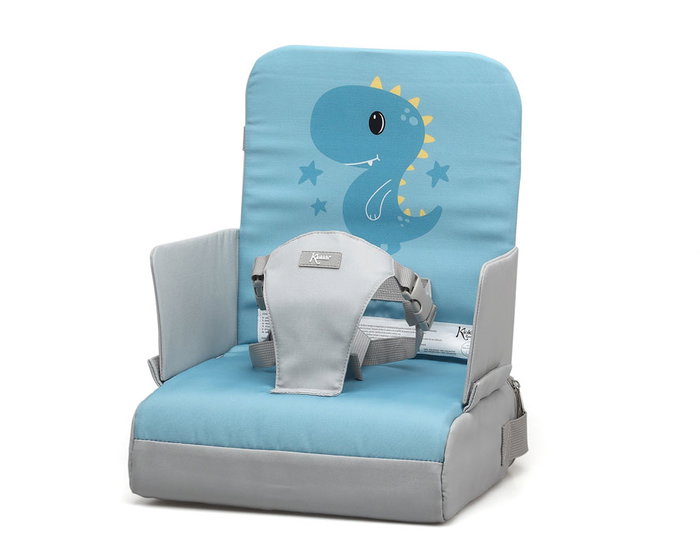 KioKids Chaise haute pliante de voyage pour bébé - Dinosaurio Azul (Dolci amici) - Siège surélevateur portable 6 à 36 mois, max 15 kg, avec sangle