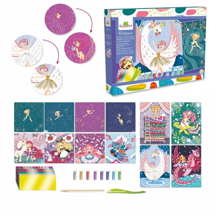 Sycomore - Coffret créatif Contes magiques - 12 tableaux à gratter et à décorer avec paillettes - 8 tubes, feuilles métalliques, spatule - Loisir enfant dès 7 ans