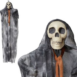 Deco Halloween - Squelette Suspendu avec Robe Grise et Capuche - 95 cm - Décor Effrayant pour Balcon, Plafond, Couloir