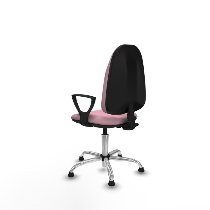 Chaise de bureau Algarra avec mécanisme Contact permanent de base, revêtue de tissu rose. Équipée d'une base chromée, d'accoudoirs fixes et de butées