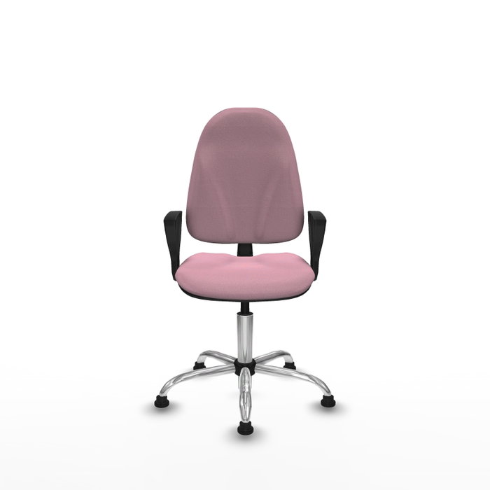 Chaise de bureau Algarra avec mécanisme Contact permanent de base, revêtue de tissu rose. Équipée d'une base chromée, d'accoudoirs fixes et de butées