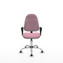 Chaise de bureau Algarra avec mécanisme Contact permanent de base, revêtue de tissu rose. Équipée d'une base chromée, d'accoudoirs fixes et de butées