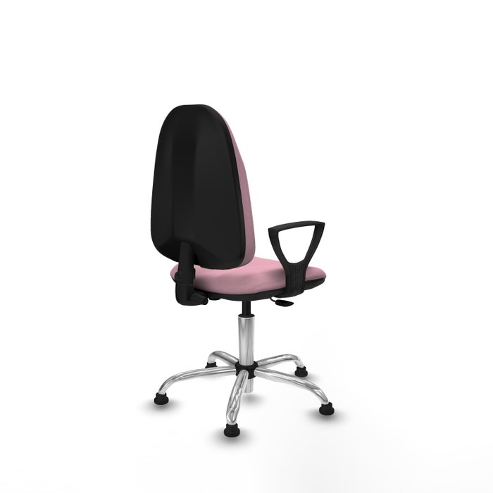 Chaise de bureau Algarra avec mécanisme Contact permanent de base, revêtue de tissu rose. Équipée d'une base chromée, d'accoudoirs fixes et de butées
