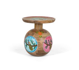 GINER Y COLOMER Table d'appoint en bois de manguier massif de style bohème, peinte à la main avec des détails colorés - Forme tambour, plateau circulaire