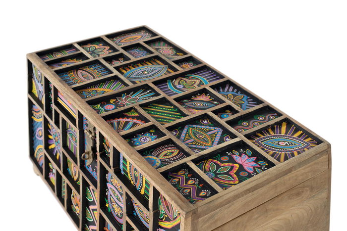 GINER Y COLOMER Baül de Rangement en Bois de Mango Peint à la Main Multicolore - Coffre de Salon avec Intérieur Spacieux