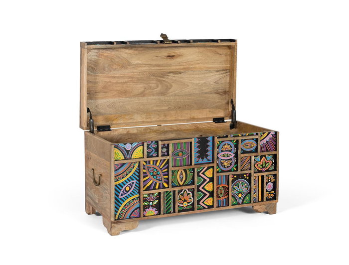 GINER Y COLOMER Baül de Rangement en Bois de Mango Peint à la Main Multicolore - Coffre de Salon avec Intérieur Spacieux
