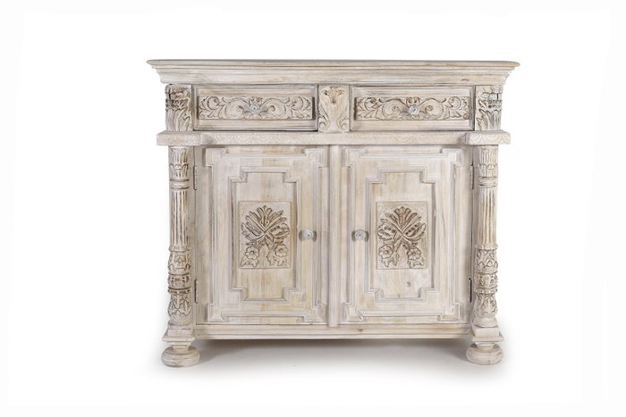 GINER Y COLOMER - Buffet en bois de manguier sculpté à la main, finition blanc vieilli, 2 portes et 2 tiroirs, 120 x 100 x 45 cm